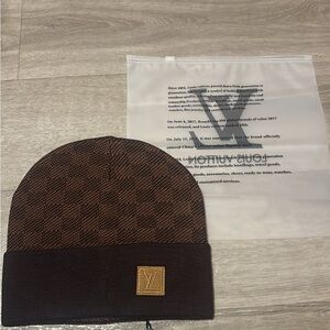 Louis Vuitton Brown Checkered Knit Beanie with LV Leather Patch